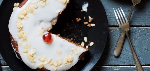 A vegan cherry cake shared by Evanna Lynch on her Instagram account is shown.