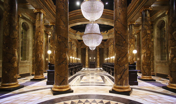 Giant pillars and chandeliers will surely capture visitors’ attention when walking through the Gringotts banking hall.