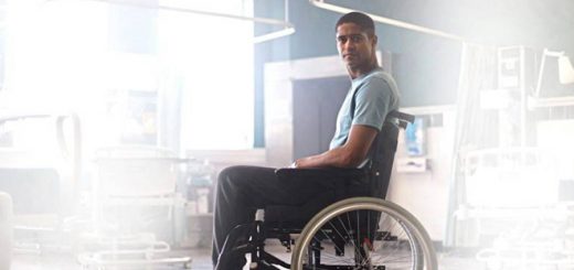 Alfred Enoch is shown in character in a wheelchair for the BBC's "Trust Me."