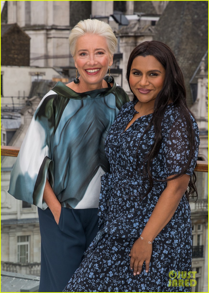 Emma Thompson and Mindy Kaling smile during a London photocall for “Late Night”.