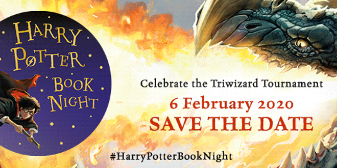 A featured image featuring a "save the date" announcement for Harry Potter Book Night 2020