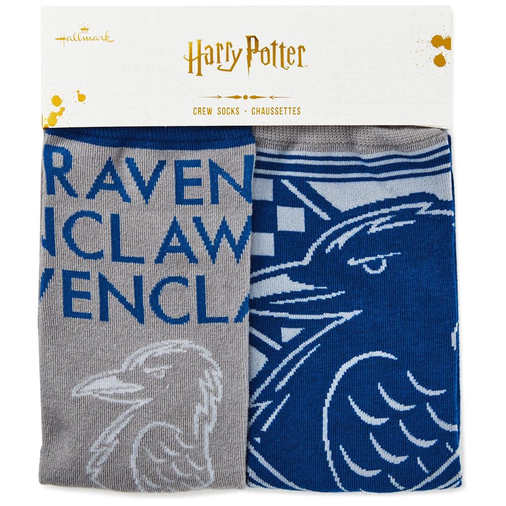 Harry Potter Ravenclaw Crew Socks from Hallmark Gold Crown, close-up of Ravenclaw raven
