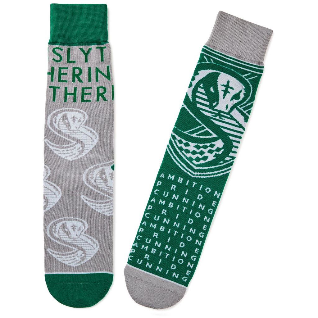 Harry Potter Slytherin Crew Socks from Hallmark Gold Crown, showing Slytherin House snake and attributes: ambition, pride, and cunning