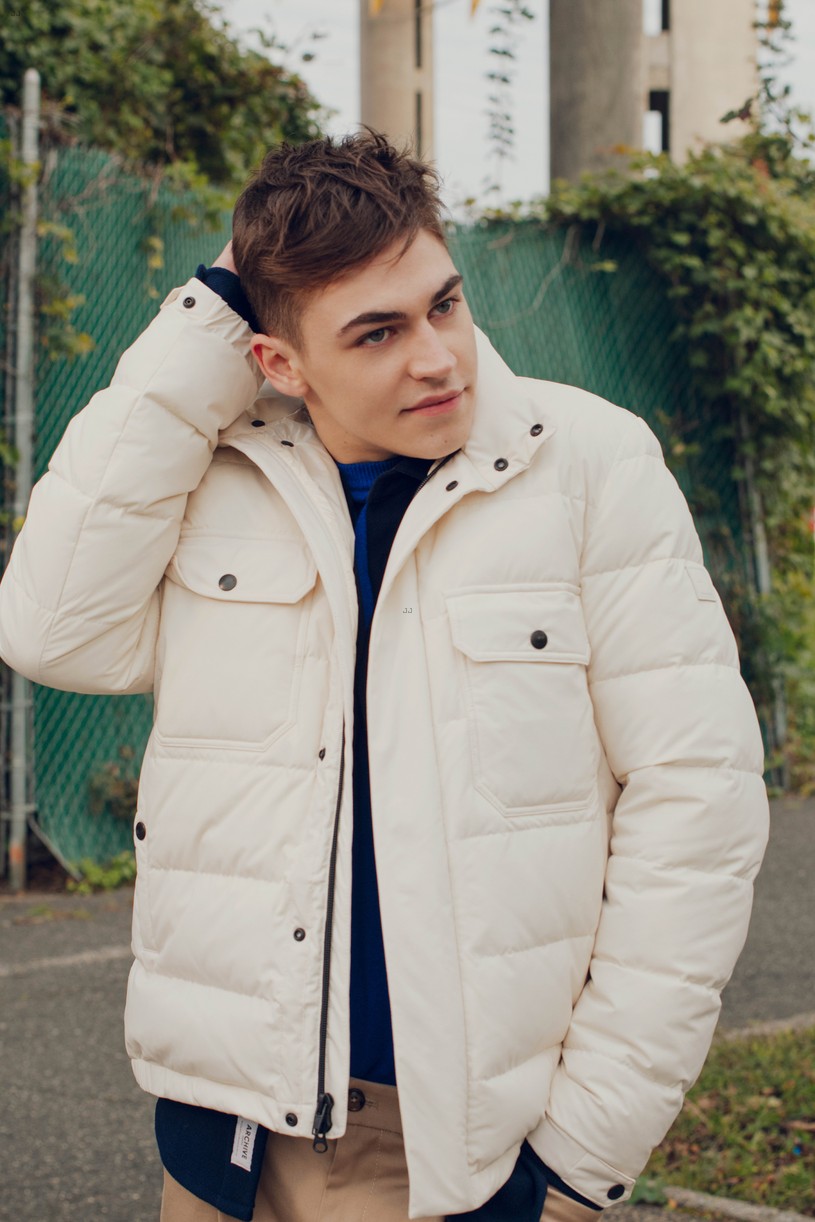 Hero Fiennes-Tiffin poses in a photo from Woolrich’s autumn lookbook.