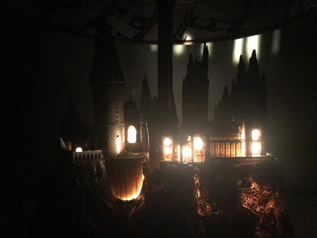 Harry Potter Hogwarts Lamp Illuminated Base: front view of the Hogwarts castle sculpture base with the windows illuminated and the lights off
