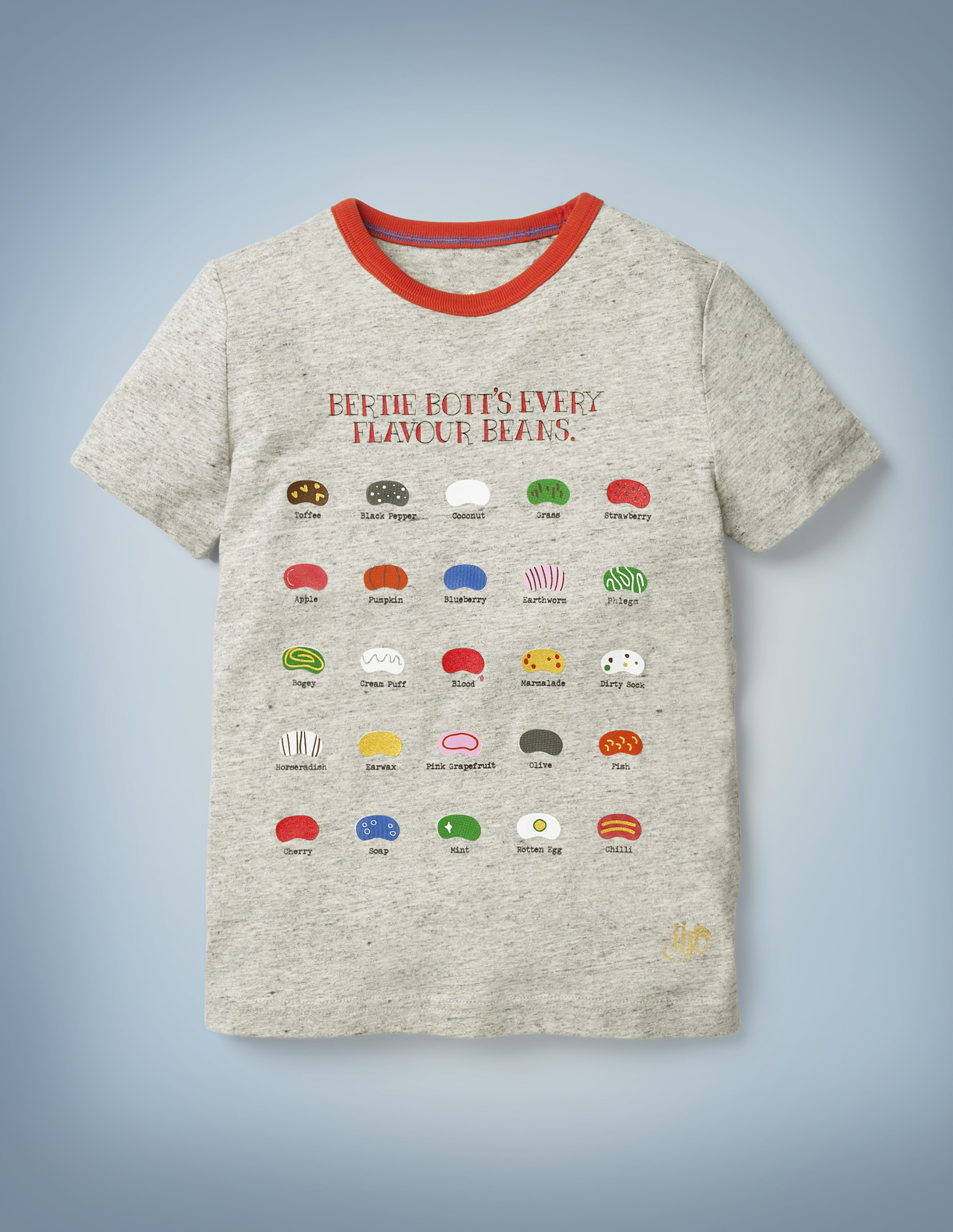 The Mini Boden Bertie Bott’s T-shirt in gray sports a graphic design featuring 25 different Bertie Bott’s Every Flavour Beans, from toffee to earwax. It retails at £18.
