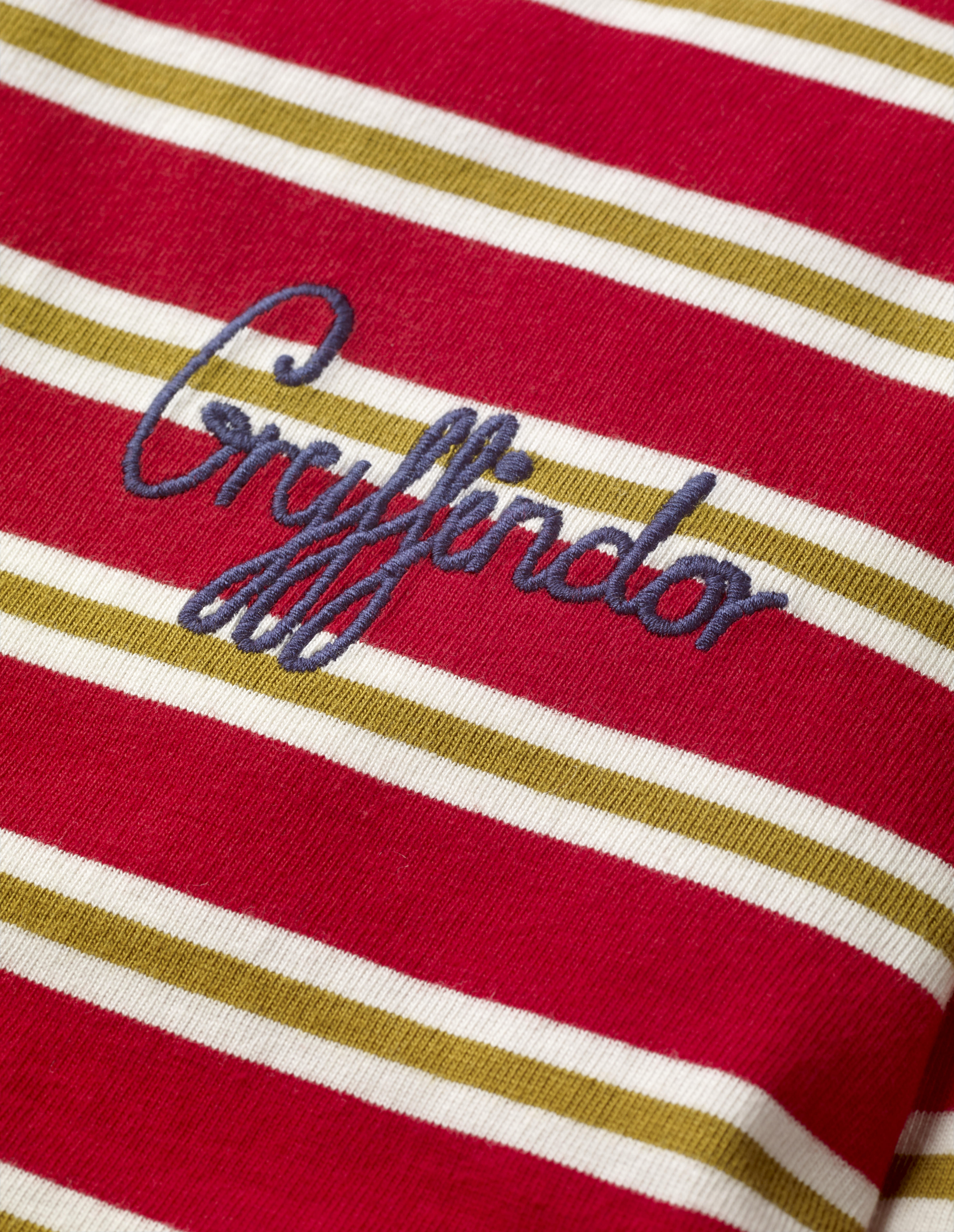 This close-up of the Mini Boden House Breton in red better shows the word “Gryffindor” written in blue script in the front pocket area. It retails between £20 and £22.