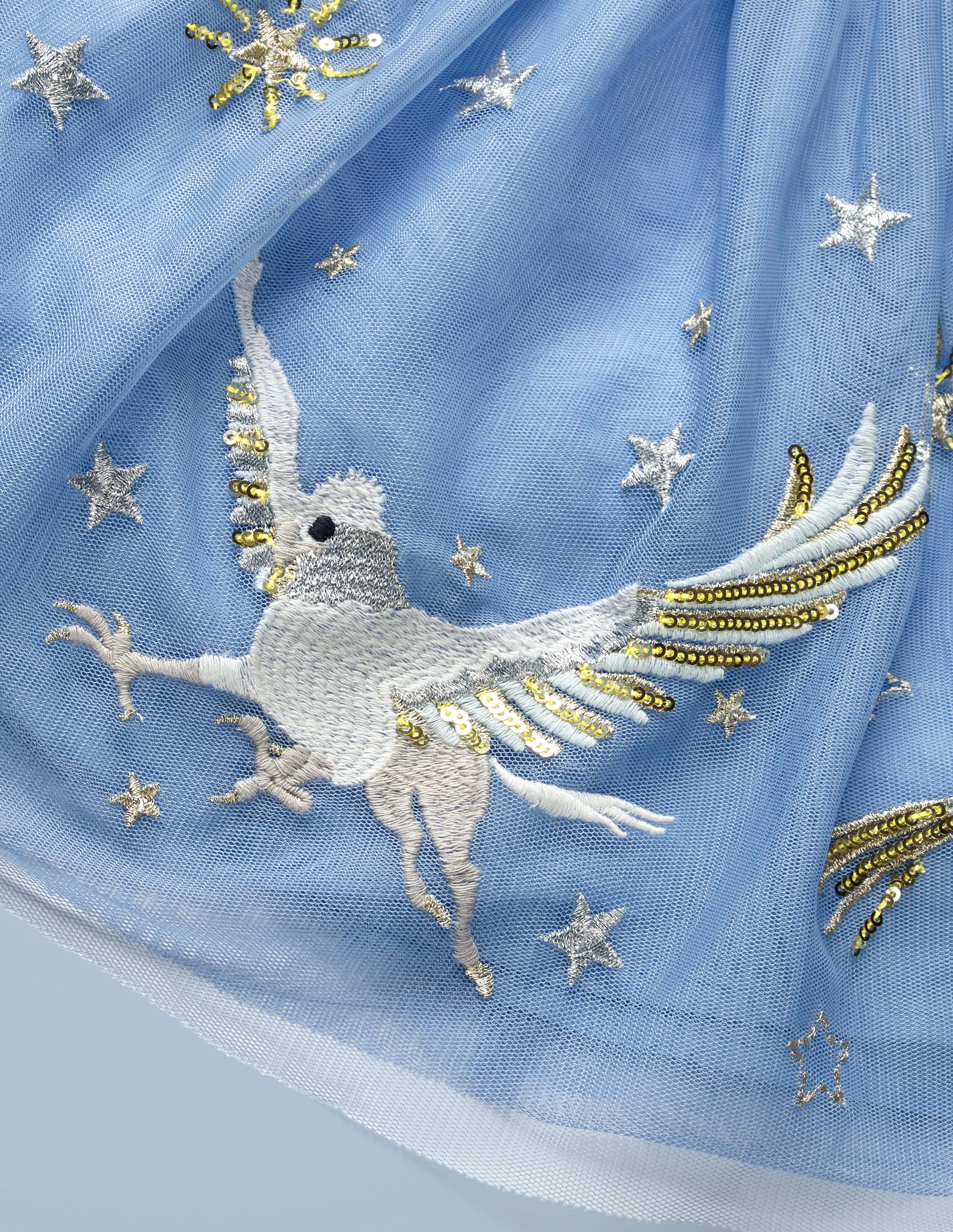 This close-up of the Mini Boden Hippogriff Tulle Skirt in light blue provides a better look at the design: a hippogriff flying among the stars. It retails at £40.