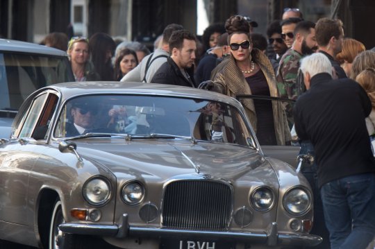 Dame Emma Thompson looks menacing as she enters a car during filming for “Cruella” last week in London.