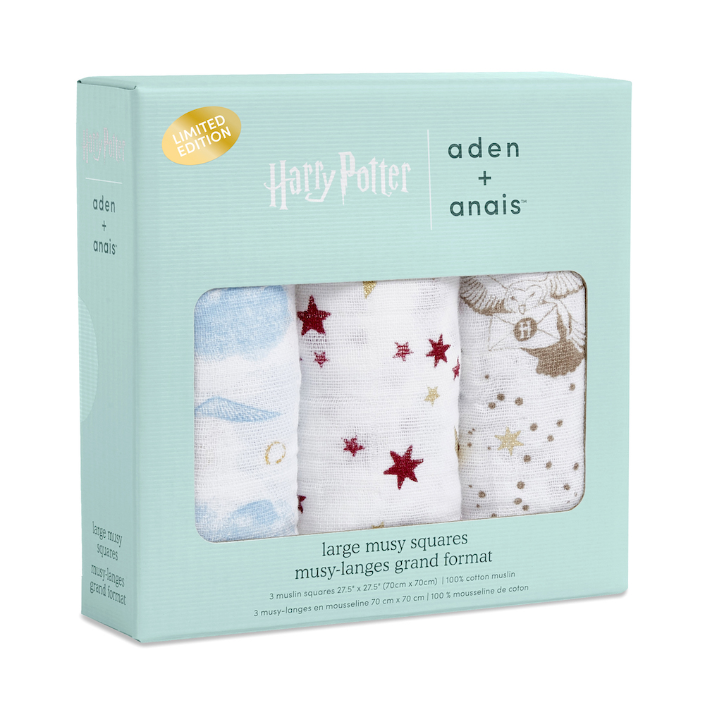 Designs in the aden + anais limited-edition “Harry Potter” collection feature iconic imagery from the series, including Hedwig delivering Harry’s Hogwarts letter.