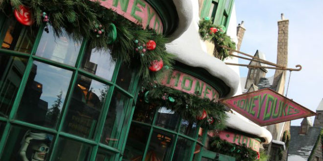 Image of Honeydukes decked out for the holiday season, formatted to be a featured image