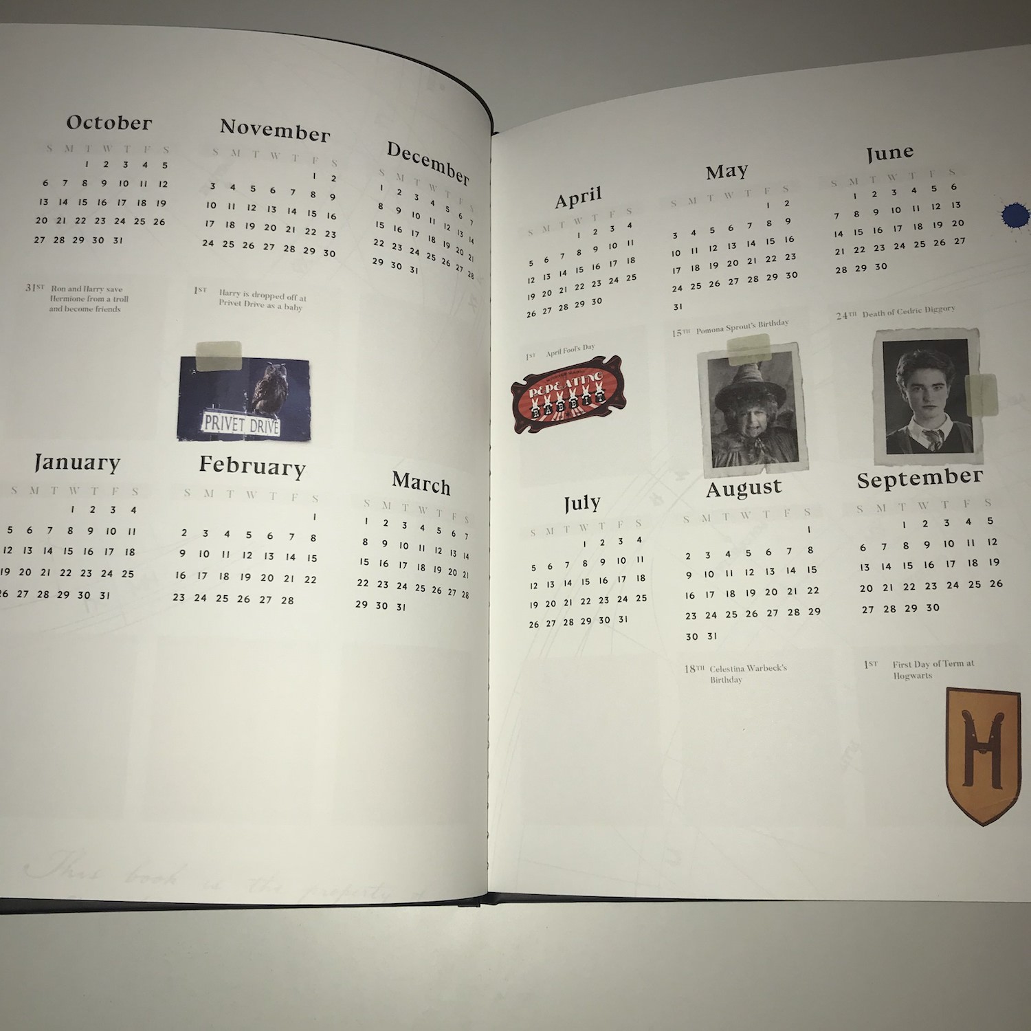The journal contains a year calendar from October 2019 to September 2020 and highlights special dates related to your Hogwarts House.