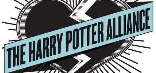 A blue-black-white logo of a heart with a ribbon that says "The Harry Potter Alliance" is pictured. The heart is also struck across by a white lightning.