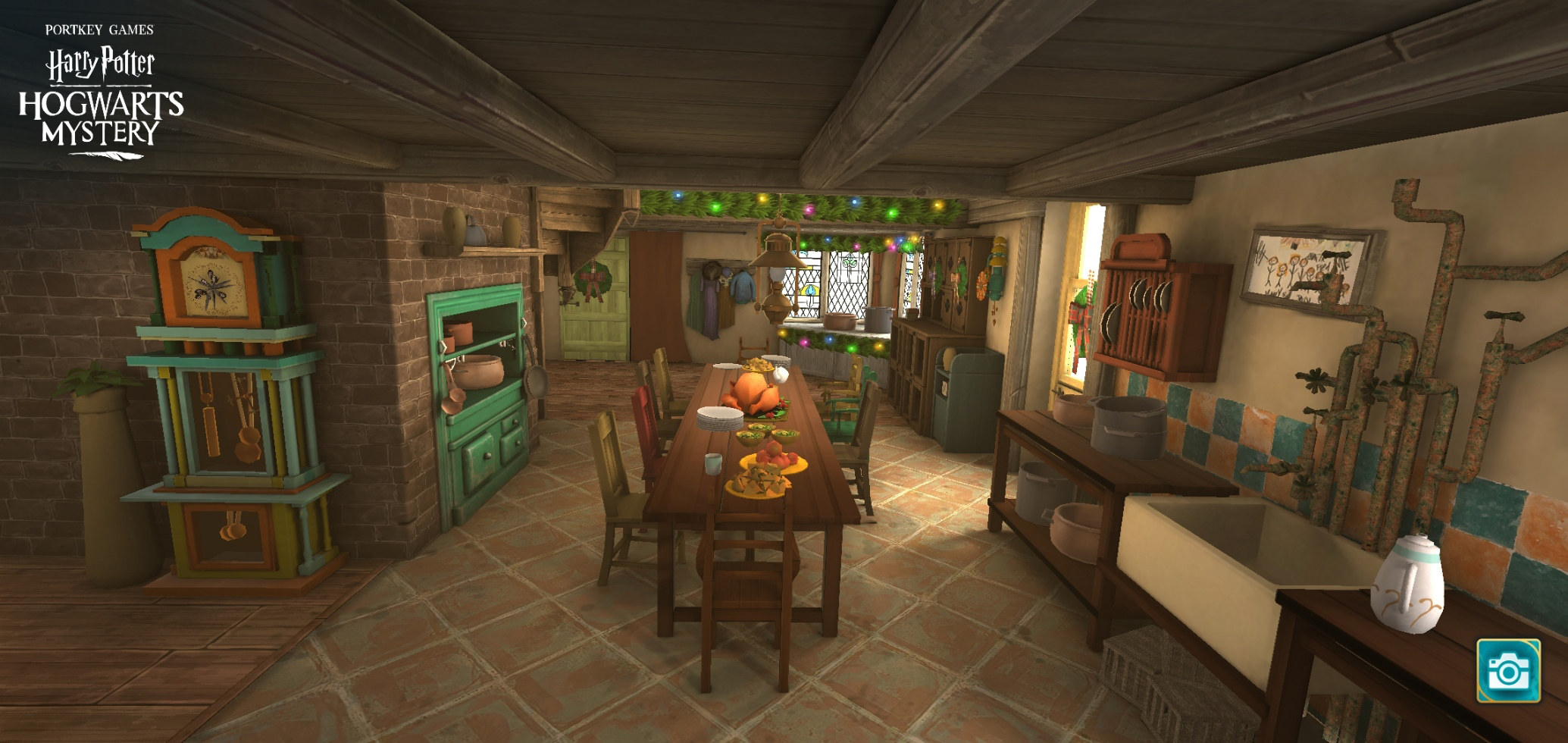 A Molly Weasley feast awaits in the kitchen of the Burrow in "Harry Potter: Hogwarts Mystery".