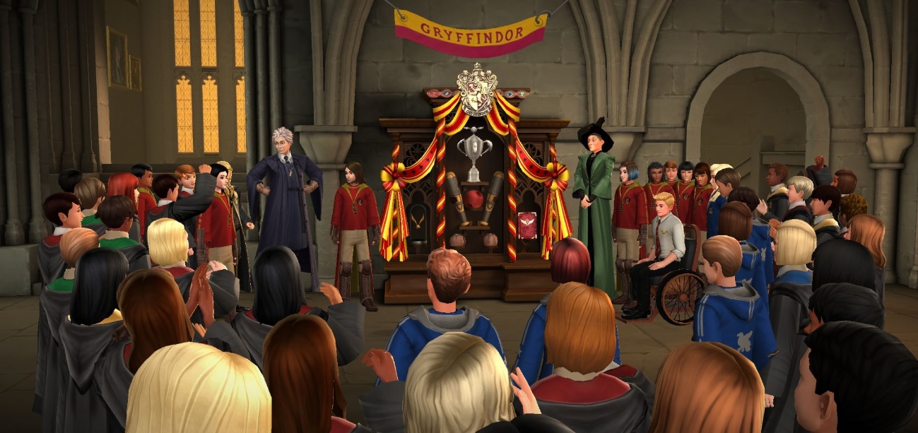 Gryffindor House celebrates after winning the Quidditch Cup in "Harry Potter: Hogwarts Mystery".