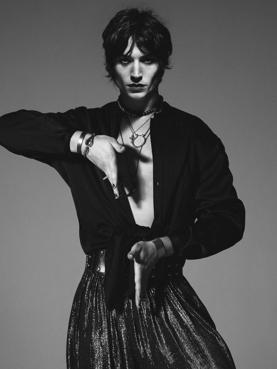 Ezra Miller poses in a photo from the Yves Saint Laurent menswear campaign.