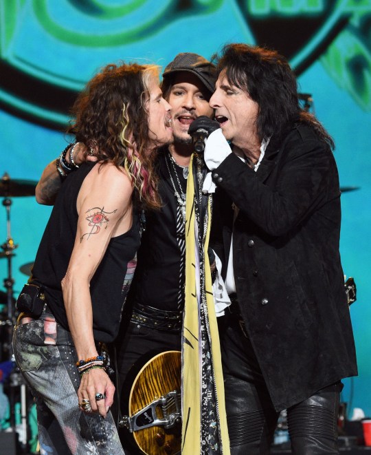 Johnny Depp sings with Alice Cooper and Steven Tyler at Aerosmith’s 50th anniversary celebration.