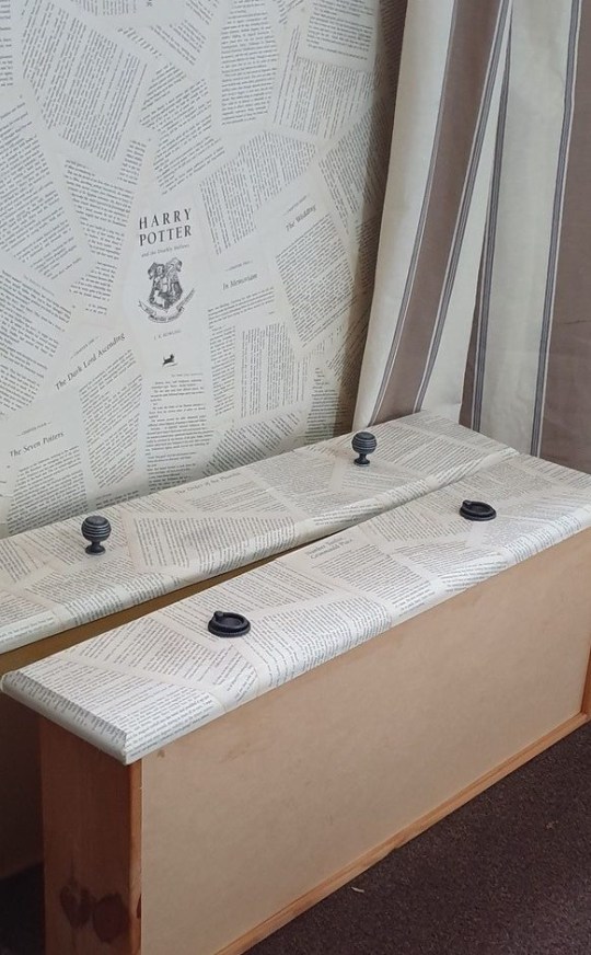 "Harry Potter" fan Kylie Lyons papered a chest of drawers with pages from the books, as shared with latestdeals.co.uk.