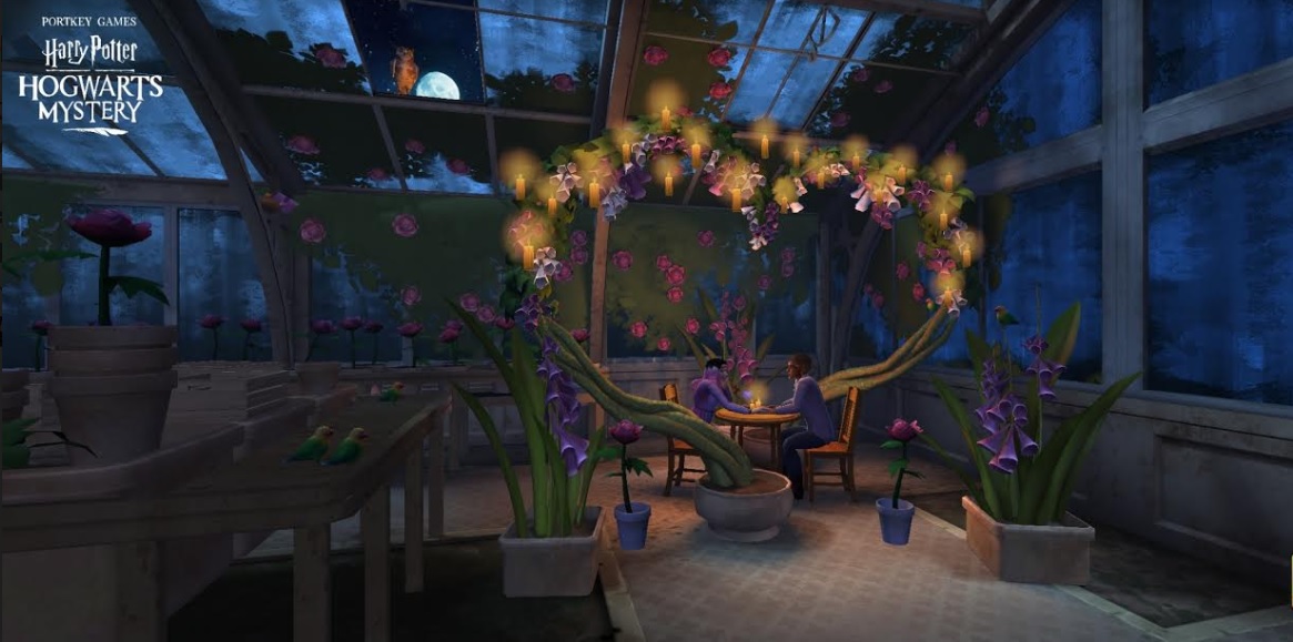 You and your Valentine's Day date enjoy an evening in the greenhouse in "Harry Potter: Hogwarts Mystery".