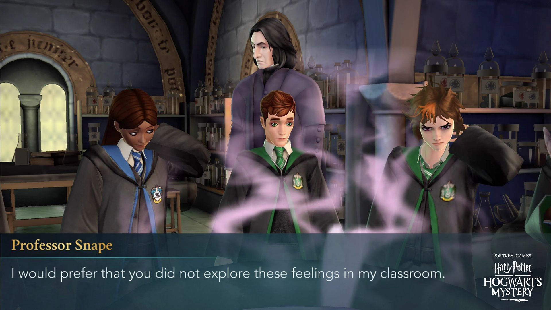 Severus Snape wants you to stop feeling all the feels in "Harry Potter: Hogwarts Mystery".