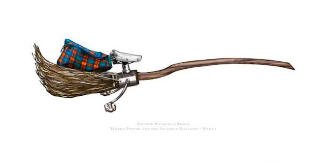 Concept art from MinaLima showing Arthur Weasley's broomstick.