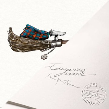 Concept art from MinaLima showing Arthur Weasley's broomstick.