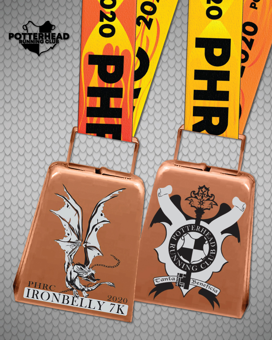 Medals for the PHRC Ironbelly 7K feature a Ukrainian Ironbelly dragon and a Gringotts Wizarding Bank crest on a bell.