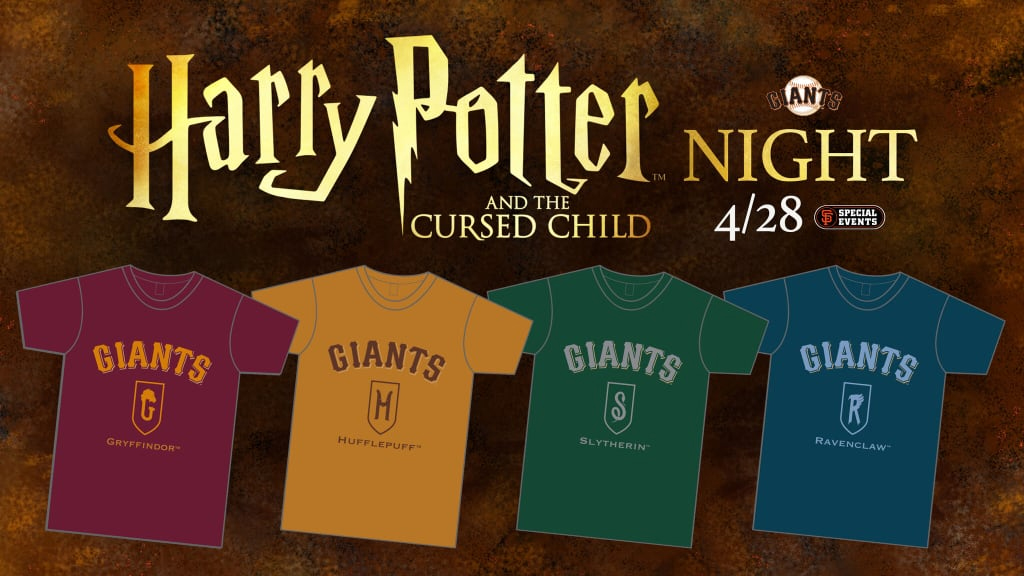 A graphic for "Harry Potter and the Cursed Child" Night at Oracle Park features the House-themed T-shirts.