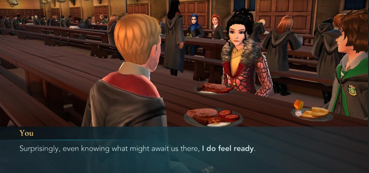 Your character has breakfast with Ben Copper and Merula Snyde in "Harry Potter: Hogwarts Mystery".