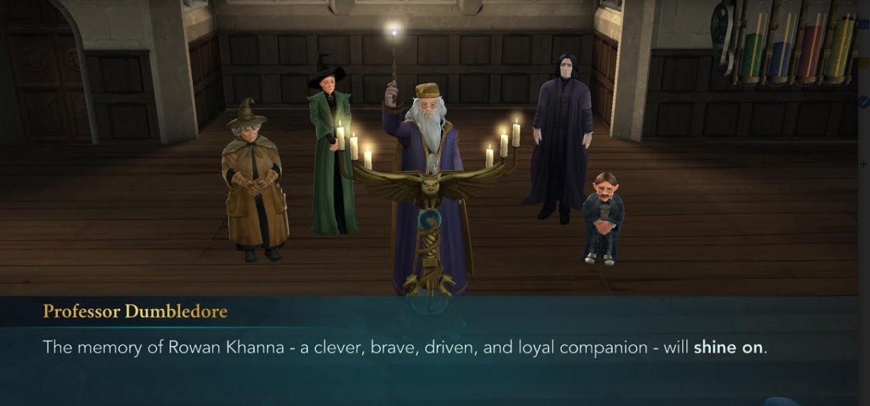 Albus Dumbledore leads a tribute to Rowan Khanna in "Harry Potter: Hogwarts Mystery".