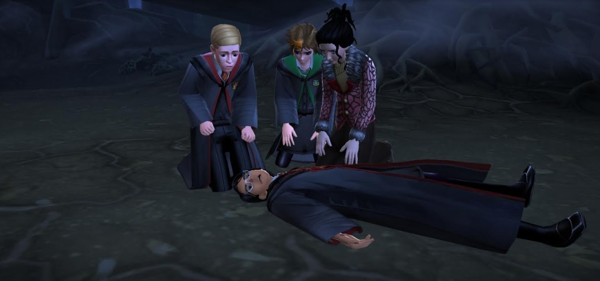 Your character, Ben Copper, and Merula Snyde gather around the body of Rowan Khanna in "Harry Potter: Hogwarts Mystery".