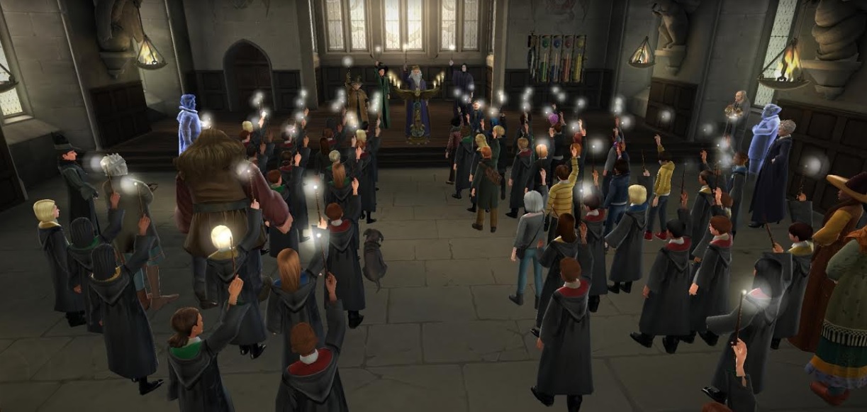 Everyone at Hogwarts raises their wands in memory of Rowan Khanna in "Harry Potter: Hogwarts Mystery".