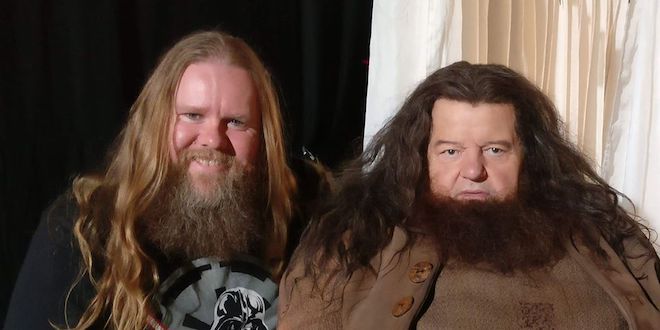 Greg Draven (an actor and Hagrid body double) poses next to Robbie Coltrane, who played Hagrid in the "Harry Potter" movies.