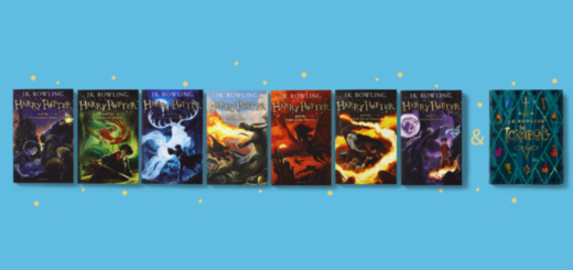 A featured image of the seven-book "Harry Potter" series and "The Ickabog" against a light blue background with stars is shown.