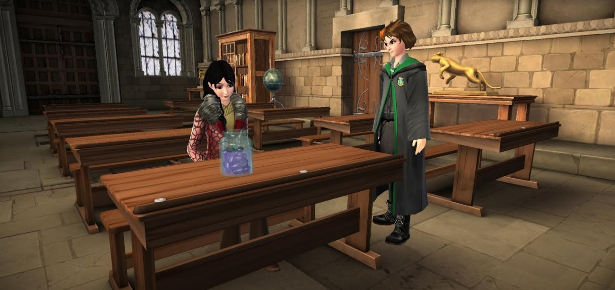 Your character and Merula Snyde stare at a jar of Doxy eggs in "Harry Potter: Hogwarts Mystery".