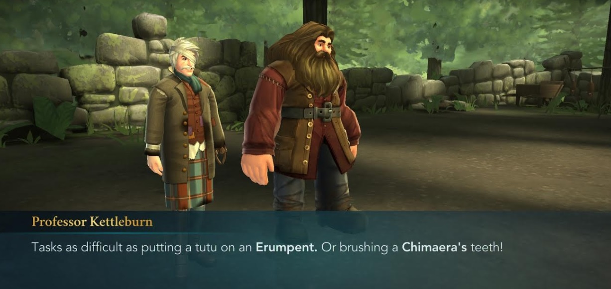 Professor Kettleburn lists off some unlikely tournament tasks in "Harry Potter: Hogwarts Mystery".