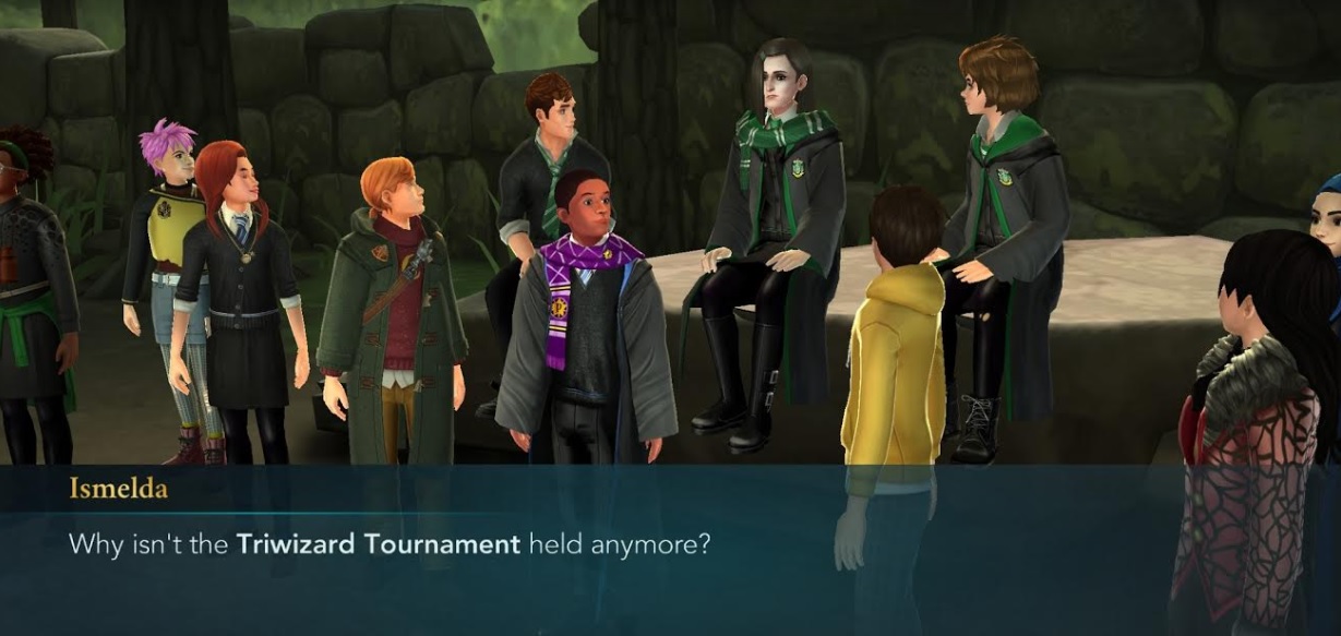 Characters wonder why the Triwizard Tournament was abolished in "Harry Potter: Hogwarts Mystery".