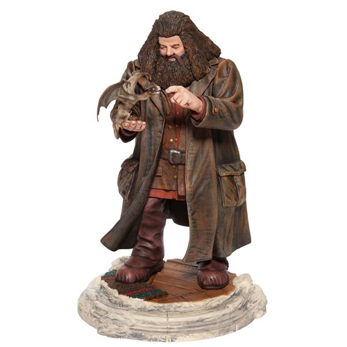 Rubeus Hagrid looks lovingly at Norbert as the dragon prepares to chomp down on his finger in this statue from Enesco.