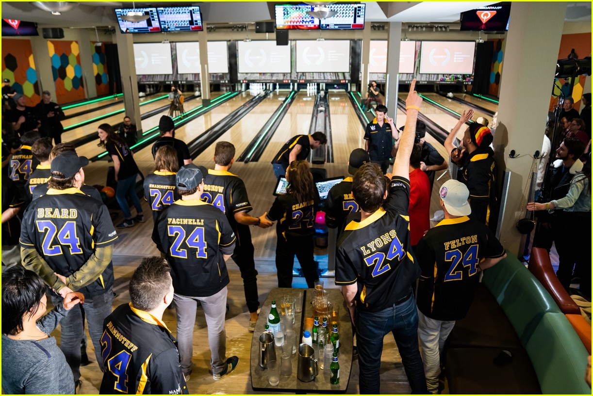 Tom Felton's back is seen during a Mammoth Film Festival bowling tournament.