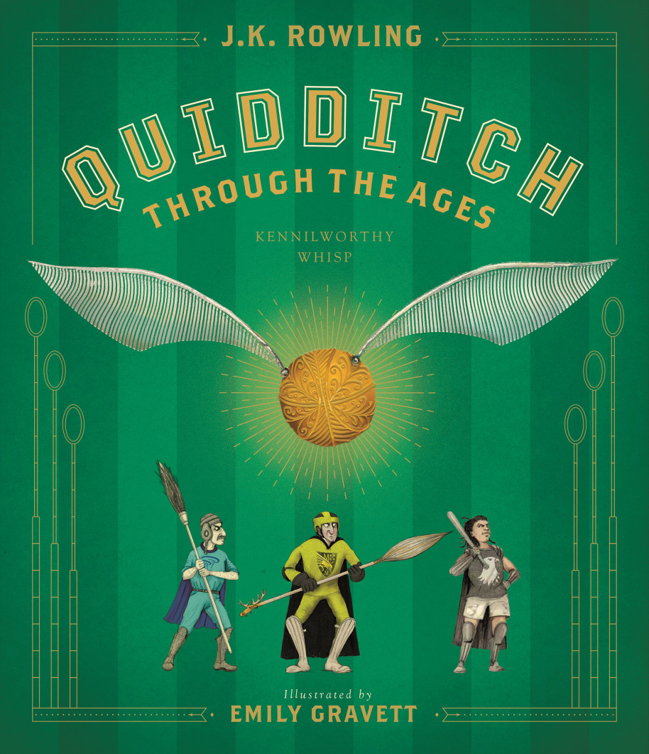 The Scholastic "Quidditch Through the Ages" cover is green and features a large, golden Snitch. Several small players are beneath the giant Snitch.