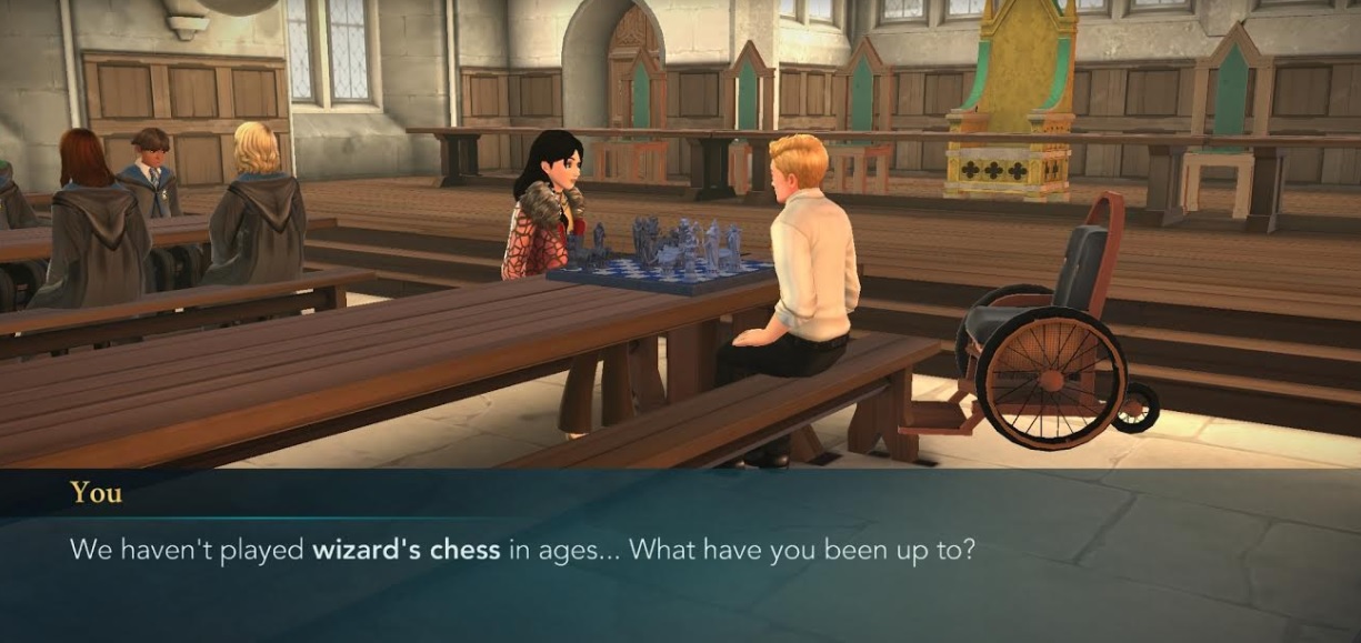 Your character and Murphy McNully gather for a game of wizard chess in "Harry Potter: Hogwarts Mystery".