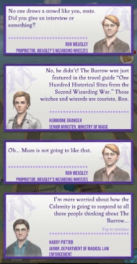 Ron Weasley, Hermione Granger, and Harry Potter discuss the Calamity's focus on the Burrow.