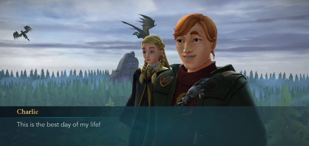 Needless to say, Charlie Weasley is delighted to be at the Dragon Sanctuary in "Hogwarts Mystery".