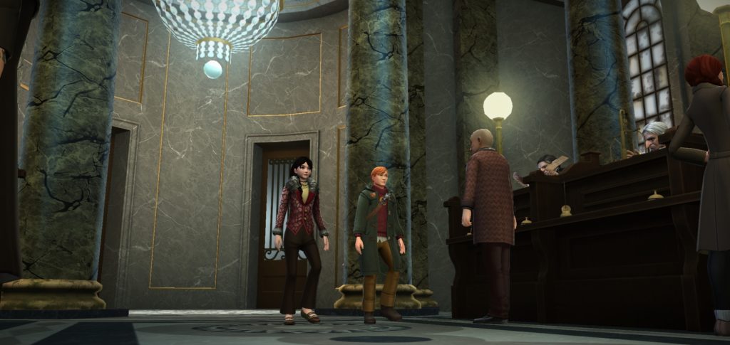 Your "Hogwarts Mystery" character and Charlie Weasley enter Gringotts Wizarding Bank for the first time.