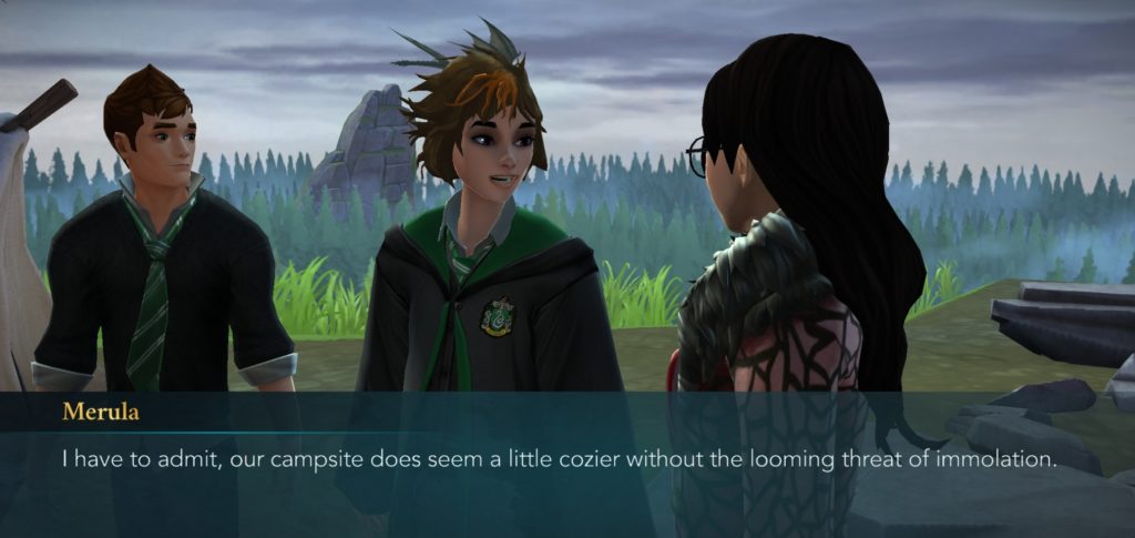 Merula Snyde is happy (for once) to set up camp in the "Hogwarts Mystery" Dragon Sanctuary.