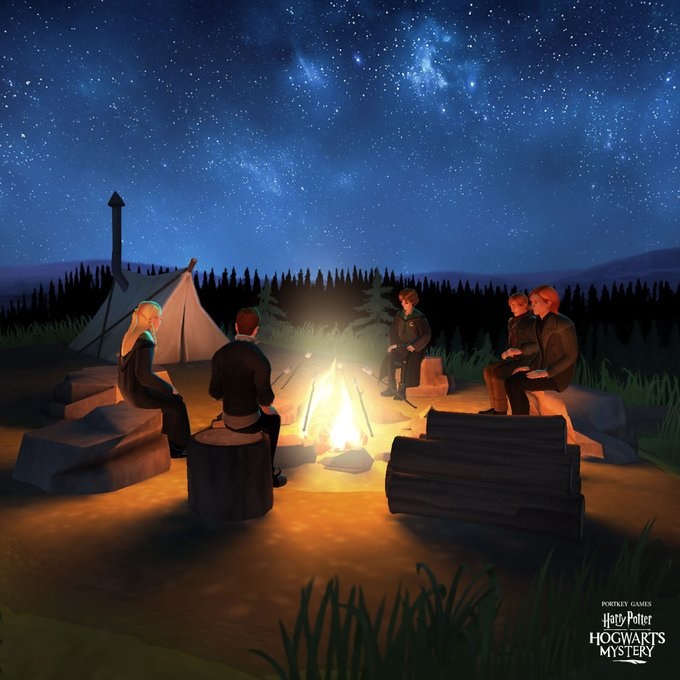 Your character enjoys a s'mores-making session with Bill Weasley and other friends.