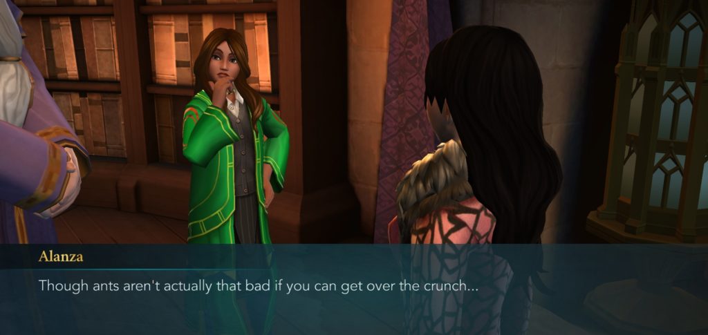 Alanza Alves remarks about the edibility of ants in "Harry Potter: Hogwarts Mystery".
