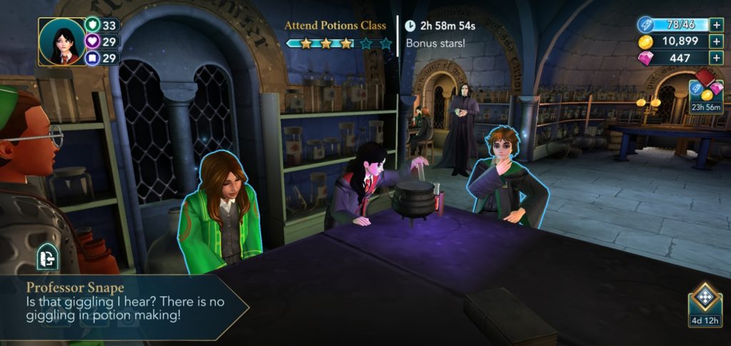 Professor Snape reminds you that joy is not allowed in Potions class in "Harry Potter: Hogwarts Mystery".