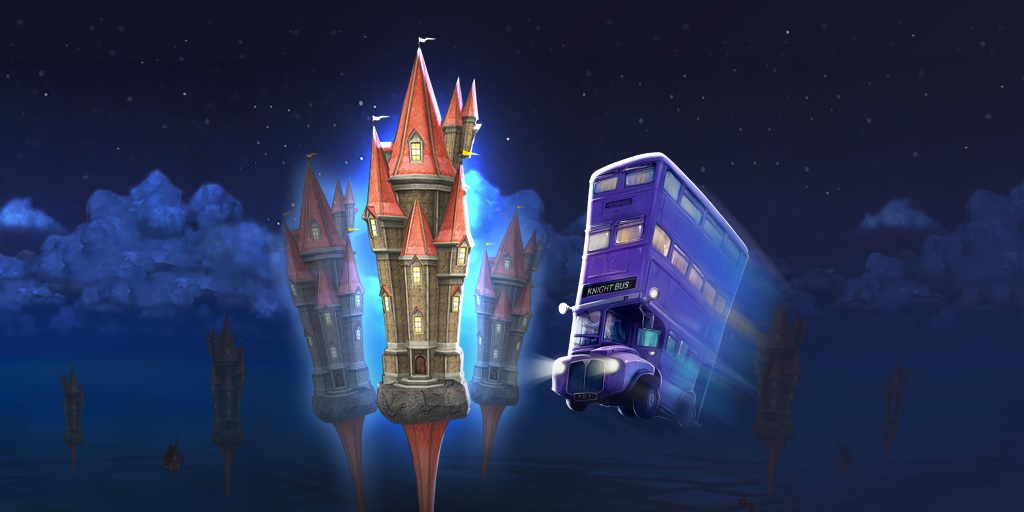 The Knight Bus is pictured driving toward a Fortress in "Harry Potter: Wizards Unite".