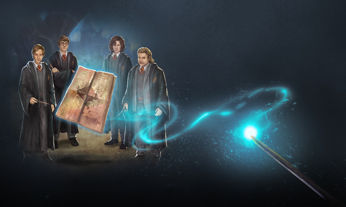 Young Remus Lupin, James Potter, Sirius Black, and Peter Pettigrew are featured in a graphic from "Harry Potter: Wizards Unite".